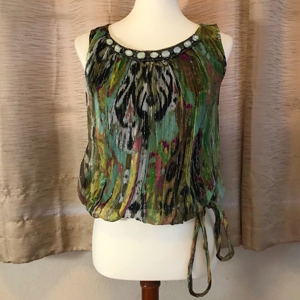 Cache Silk & Metallic Beaded Neckline Sleeveless